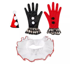 Rotes und schwarzes Harlekin-Kit: Mini-Mütze, Handschuhe und Halskrause