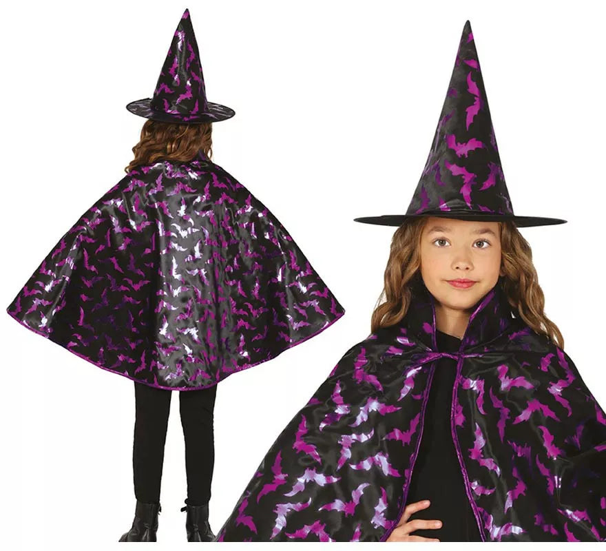 Kit de Bruja negro y lila Infantil: Capa y Sombrero