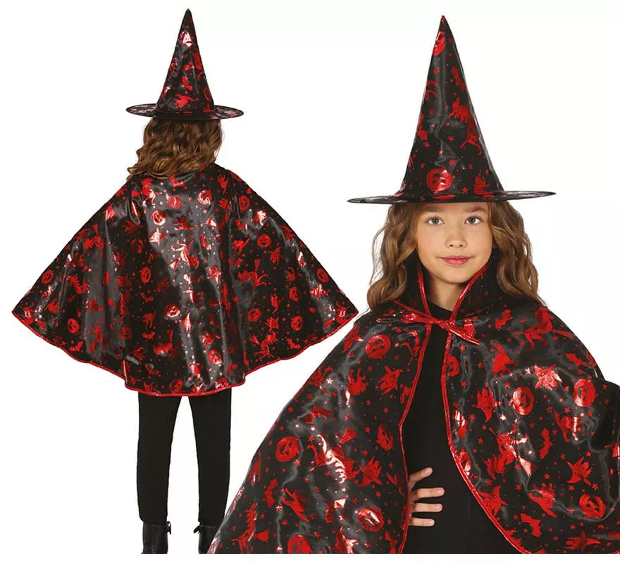 Translation missing: de.Kit de Bruja negro y rojo Infantil: Capa y Sombrero