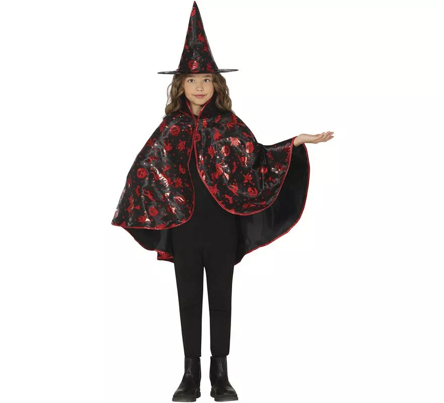 Kit de Bruja negro y rojo Infantil: Capa y Sombrero