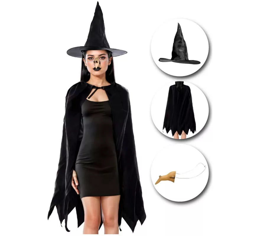 Kit de Bruja: Sombrero, Capa y Nariz