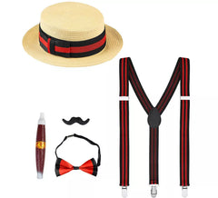 1920er Gentleman Kit: Hut, Hosenträger, Fliege, Zigarre und Schnurrbart
