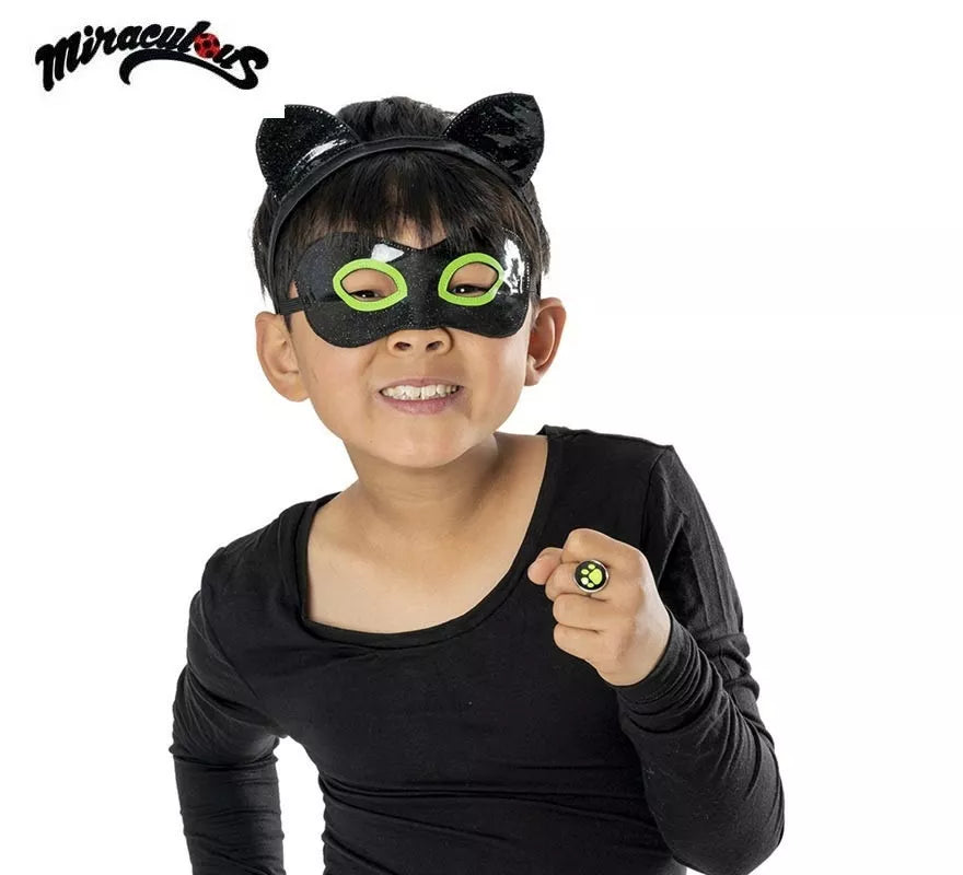 Translation missing: de.Kit de Cat Noir Miraculous infantil: Antifaz, diadema y anillo