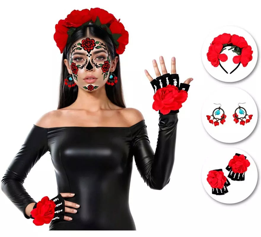 Translation missing: de.Kit de Catrina: Diadema, Pendientes y Mitones con Flor