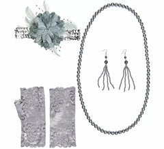Charleston-Set aus den 1920er Jahren: Schleife, Ohrringe, Halskette und Handschuhe