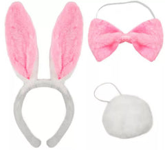 Weißes und rosa Kaninchen-Kit: Stirnband, Fliege und Schwanz