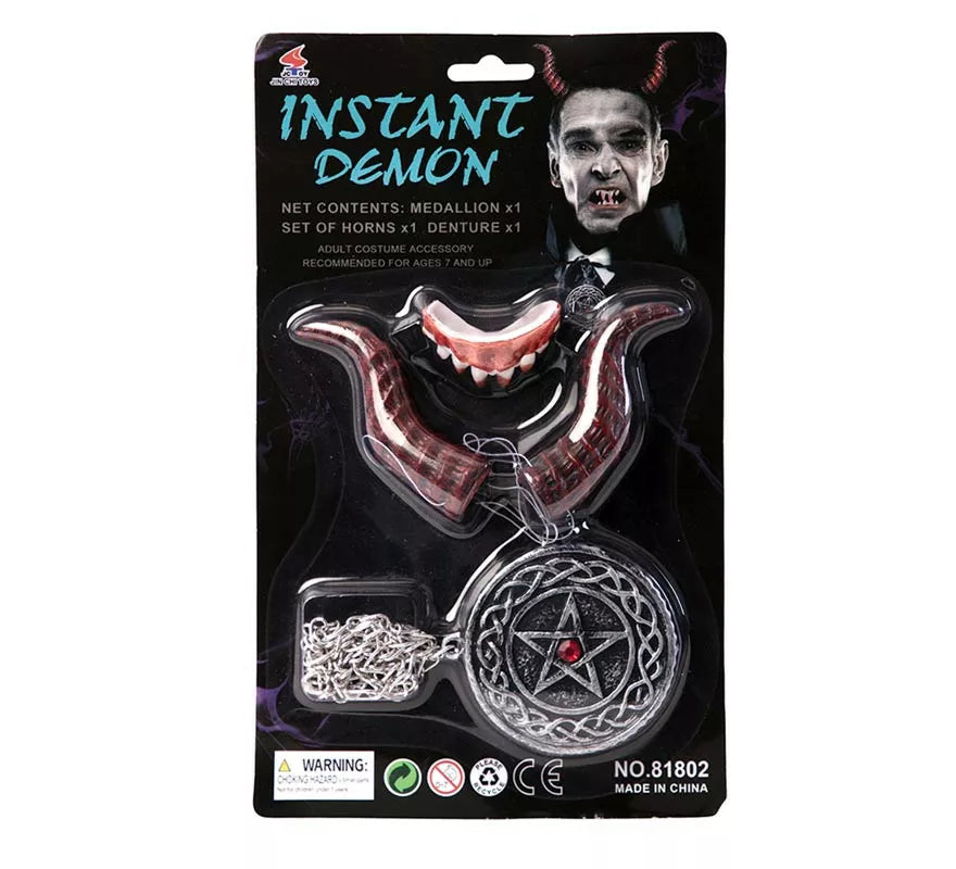 Translation missing: de.Kit de Demonio adulto: Cuernos, dentadura y medallón de 7,5 cm