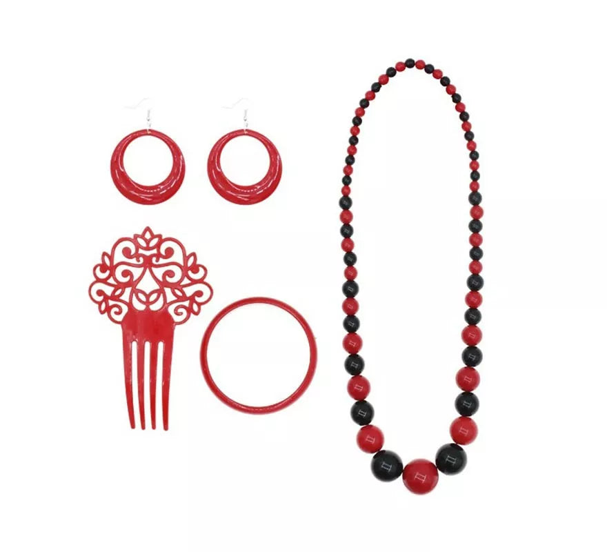 Translation missing: de.Kit de Flamenca rojo y negro: Collar, Pendientes, Pulsera y Peineta