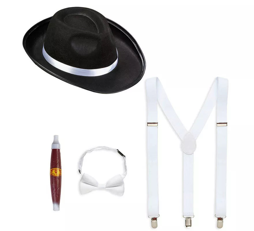 Translation missing: de.Kit de Gánster Blanco y Negro: Sombrero, Tirantes, Corbatín y Tabaco