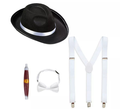 Kit de Gánster Blanco y Negro: Sombrero, Tirantes, Corbatín y Tabaco