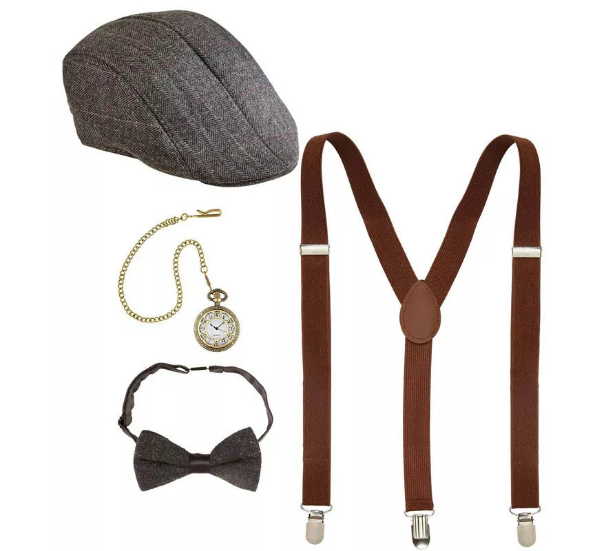 Kit de Gánster Inglés: Boina, Tirantes, Reloj y Corbatín