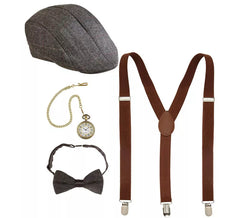 Englisches Gangster-Kit: Baskenmütze, Hosenträger, Uhr und Fliege