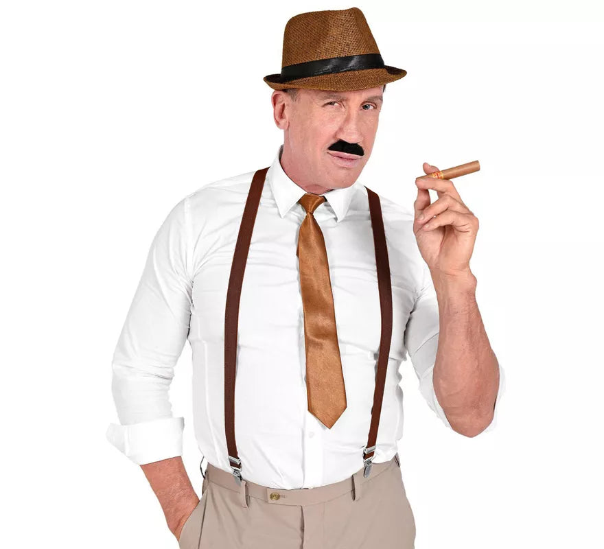 Translation missing: de.Kit de Gánster Marrón: Sombrero, Tirantes, Corbata, Bigote y Tabaco