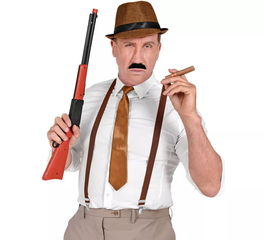 Translation missing: de.Kit de Gánster Marrón: Sombrero, Tirantes, Corbata, Bigote y Tabaco