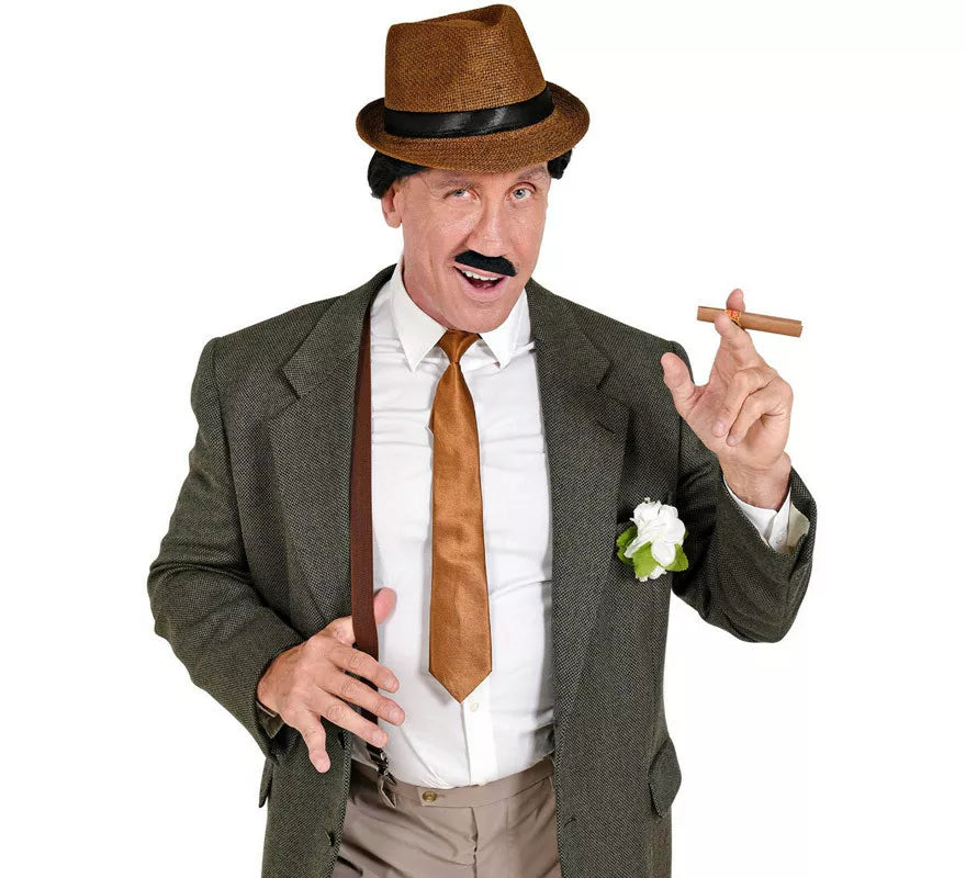 Translation missing: de.Kit de Gánster Marrón: Sombrero, Tirantes, Corbata, Bigote y Tabaco