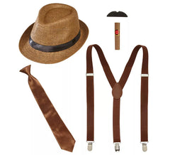 Braunes Gangster-Kit: Hut, Hosenträger, Krawatte, Schnurrbart und Tabak