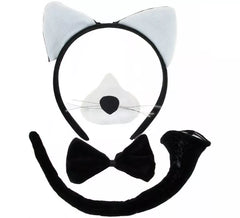 Schwarz-Weiß-Katzen-Kit: Stirnband, Nase, Fliege und Schwanz