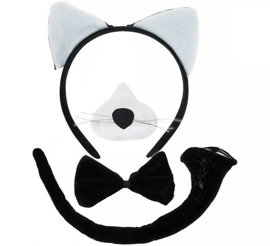Translation missing: de.Kit de Gato blanco y negro: Diadema, Nariz, Pajarita y Cola
