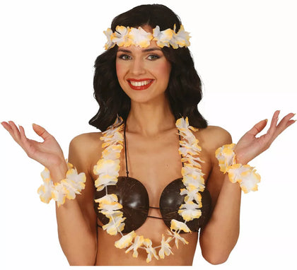 Kit de Hawaiana naranja: Collar, tocado y pulseras
