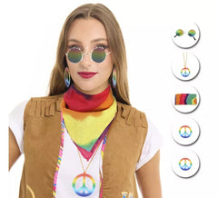 Hippie-Set für Erwachsene: Brille, Tuch und Kette in verschiedenen Farben