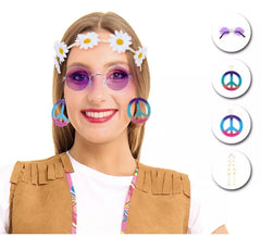 Lila Hippie-Set für Erwachsene: Brille, Ohrringe und Band