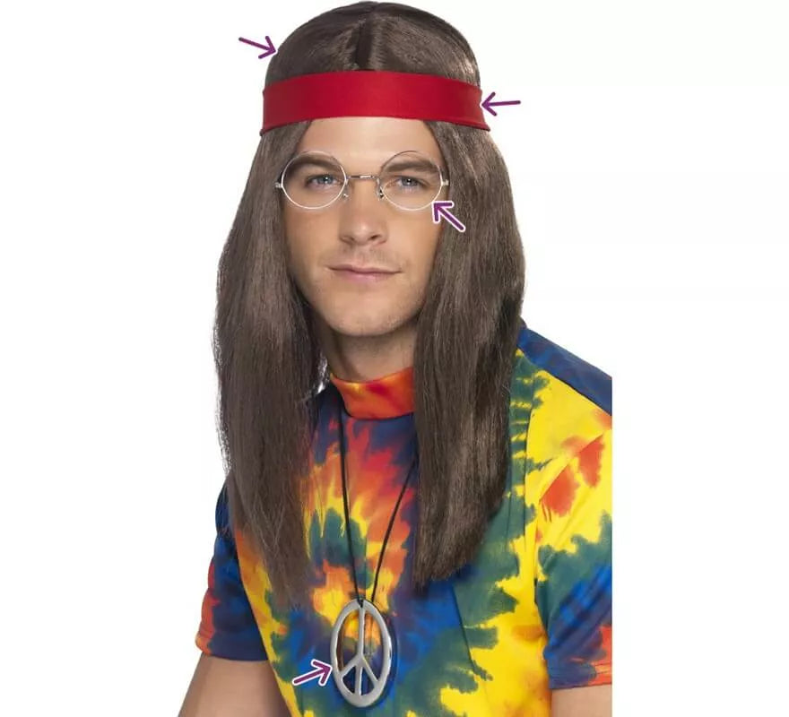 Translation missing: de.Kit de Hippy Marrón: Peluca, Gafas, Medallón y Cinta roja