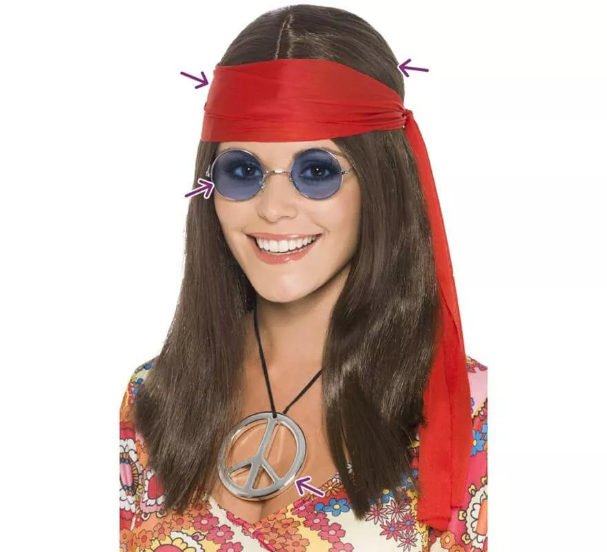 Translation missing: de.Kit de Hippy: Peluca, Gafas, Medallón y Cinta Roja