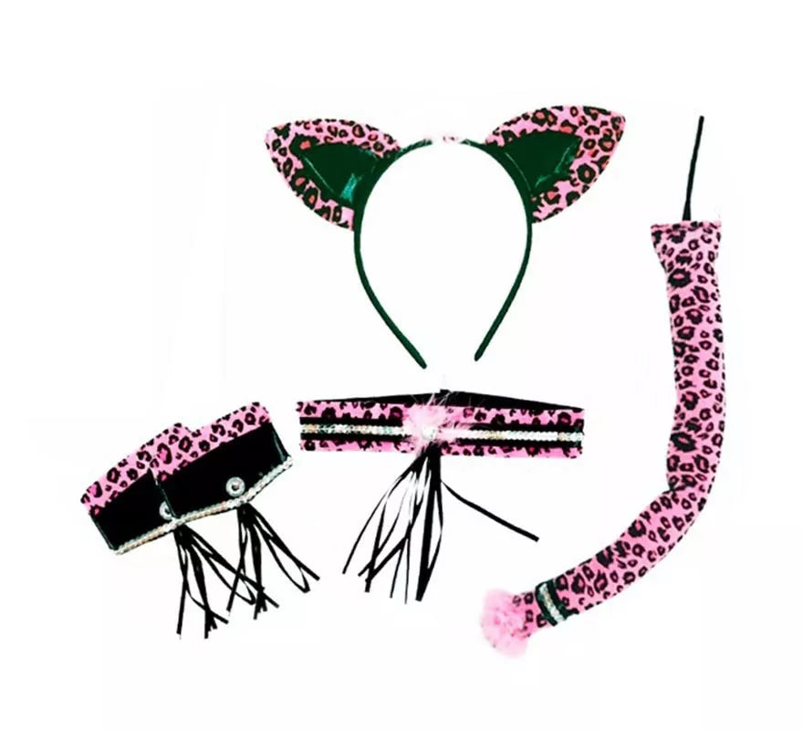 Translation missing: de.Kit de Leopardo negro y fucsia adulto: Diadema, Collar, Muñequeras y Cola