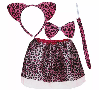 Kit de Leopardo rosa infantil: Diadema, lazo, cola y falda