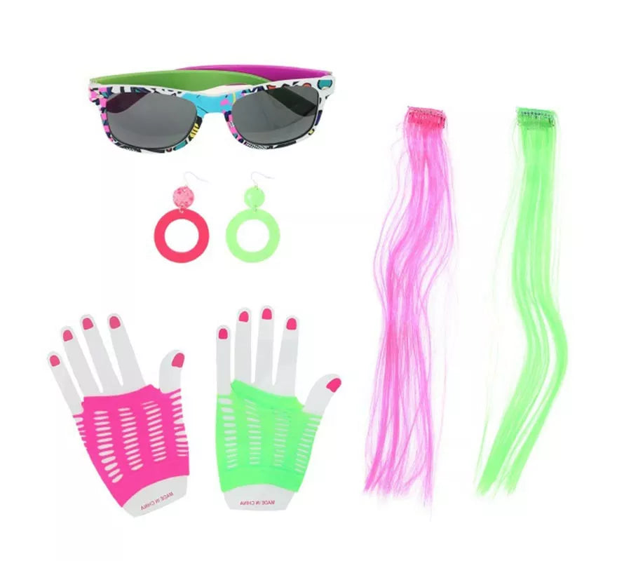 Translation missing: de.Kit de los Años 80: Gafas, Pendientes, Mechones y Guantes