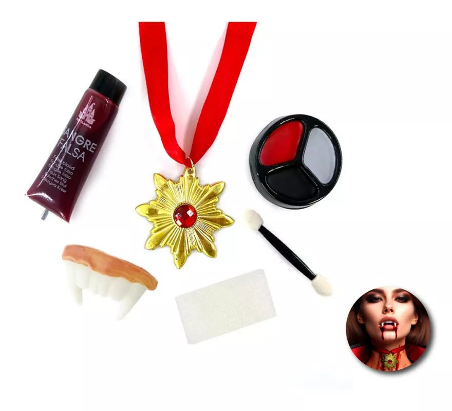 Translation missing: de.Kit de Maquillaje Vampiro: Paleta, collar, tubo de sangre, dentadura, esponja y brocha