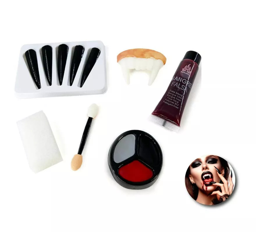 Translation missing: de.Kit de Maquillaje Vampiro: Uñas, dentadura, tubo de sangre, esponja, brocha y paleta