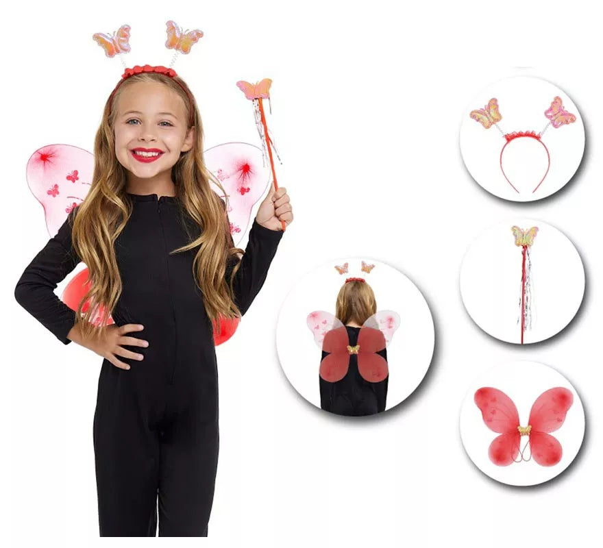 Translation missing: de.Kit de Mariposa infantil rojo: Diadema, Varita y Alas