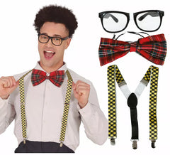 Nerd-Set für Schuljungen für Erwachsene: Brille, Fliege und Hosenträger