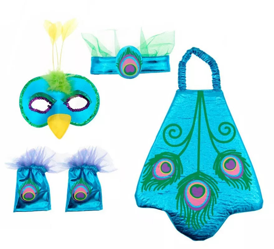 Translation missing: de.Kit de Pavo Real azul infantil: Antifaz, Cinta, Muñequeras y Alas