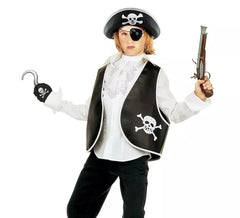 Totenkopf-Piraten-Set für Kinder: Weste, Hut, Aufnäher, Ohrring und Haken