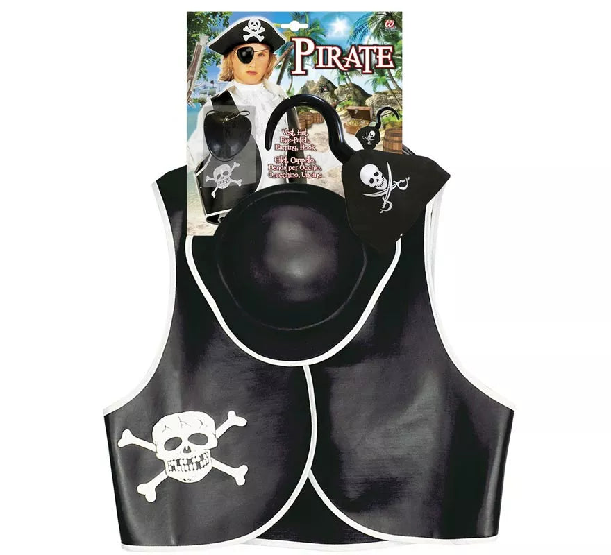 Translation missing: de.Kit de Pirata Calavera infantil: Chaleco, Sombrero, Parche, Pendiente y Gancho