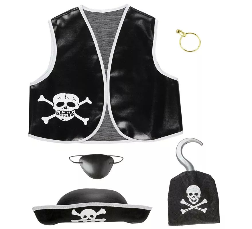 Translation missing: de.Kit de Pirata Calavera infantil: Chaleco, Sombrero, Parche, Pendiente y Gancho