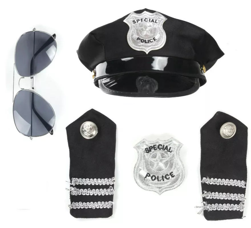 Translation missing: de.Kit de Policía: Gorra, Gafas, Insignias hombros y Placa