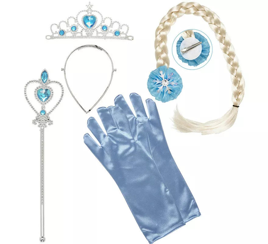 Kit de Princesa de las Nieves Infantil: Tiara, Trenza, Guantes y Barra Mágica