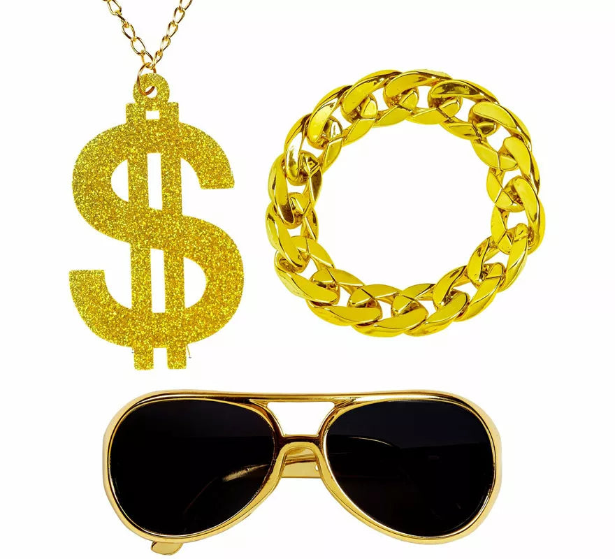 Kit de Rapero o Jeque Árabe: Gafas, Collar de Dólar y Pulsera