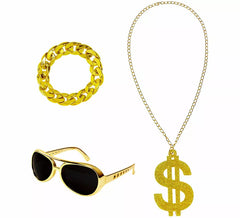 Rapper- oder arabisches Scheich-Kit: Brille, Dollar-Halskette und Armband