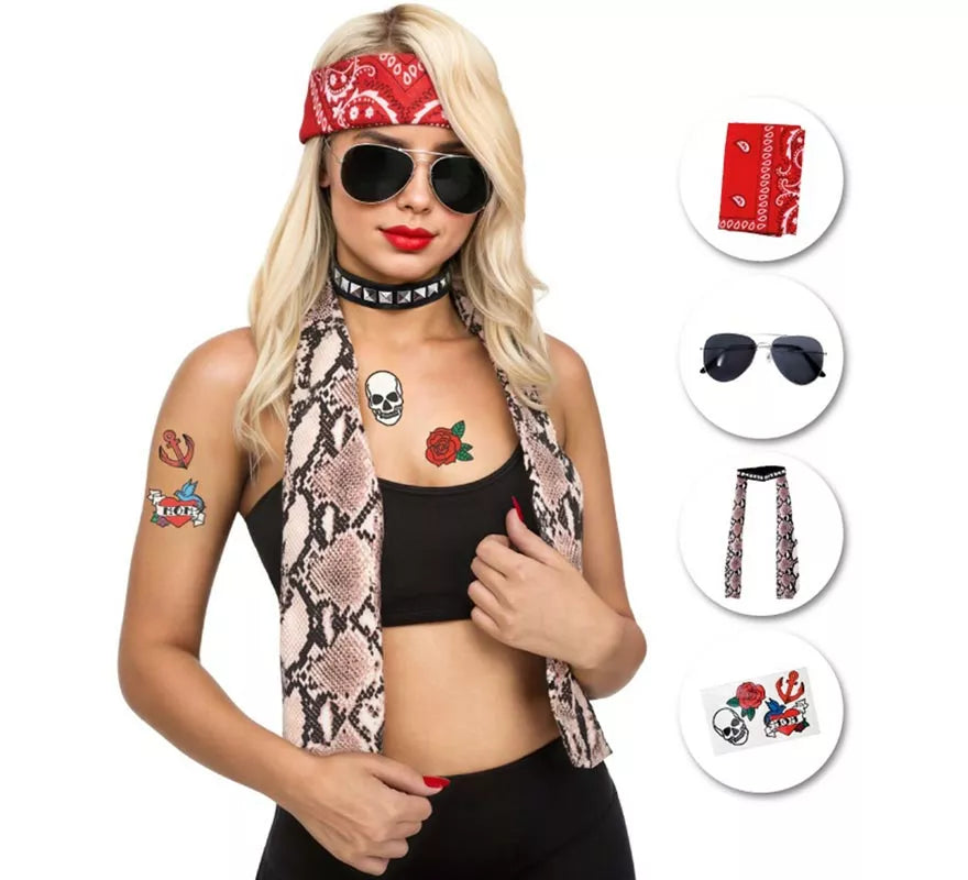Translation missing: de.Kit de Rockero Años 80: Pañuelo, Gafas, Collar y Tatuajes