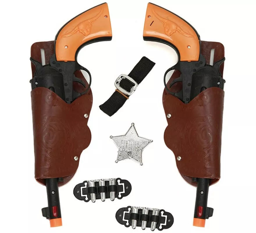 Translation missing: de.Kit de Sheriff: 2 Pistolas negras, Cartucheras, Cinturón, Balas y Estrella