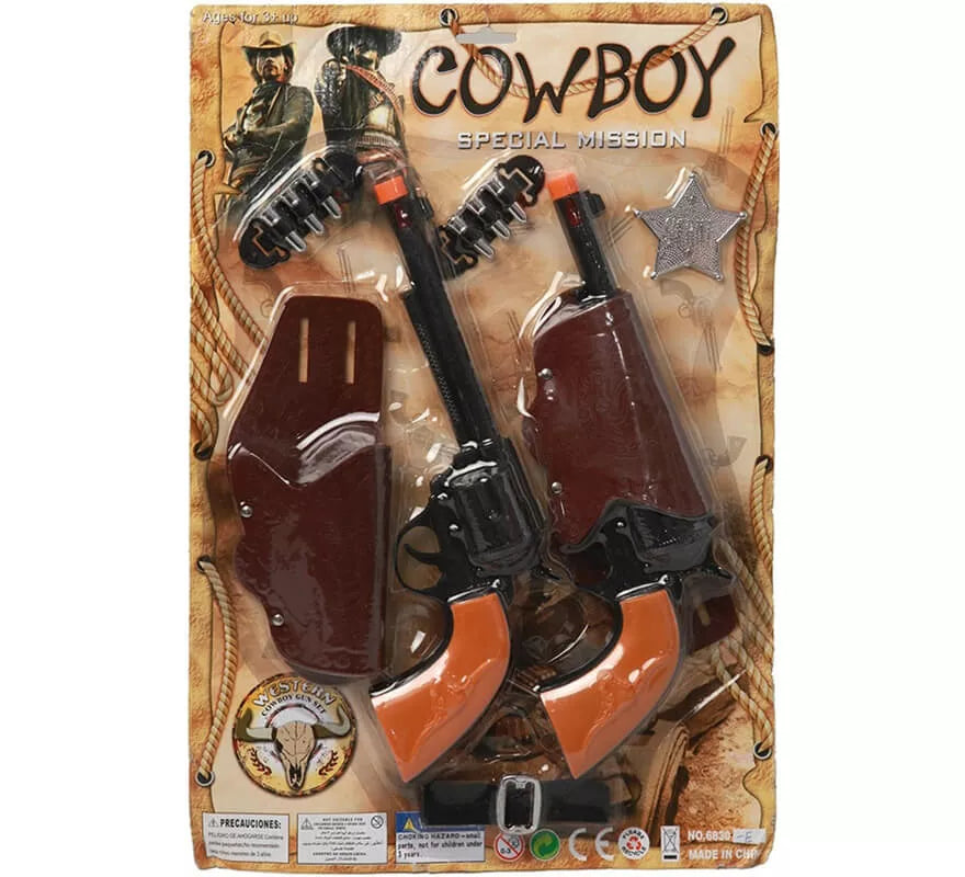 Translation missing: de.Kit de Sheriff: 2 Pistolas negras, Cartucheras, Cinturón, Balas y Estrella