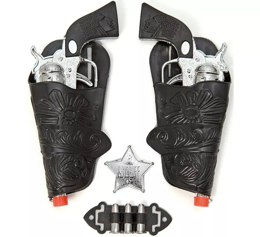 Translation missing: de.Kit de Sheriff: 2 Pistolas plateadas, Cartucheras, Balas y Estrella