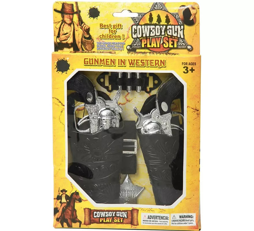 Kit de Sheriff: 2 Pistolas plateadas, Cartucheras, Balas y Estrella