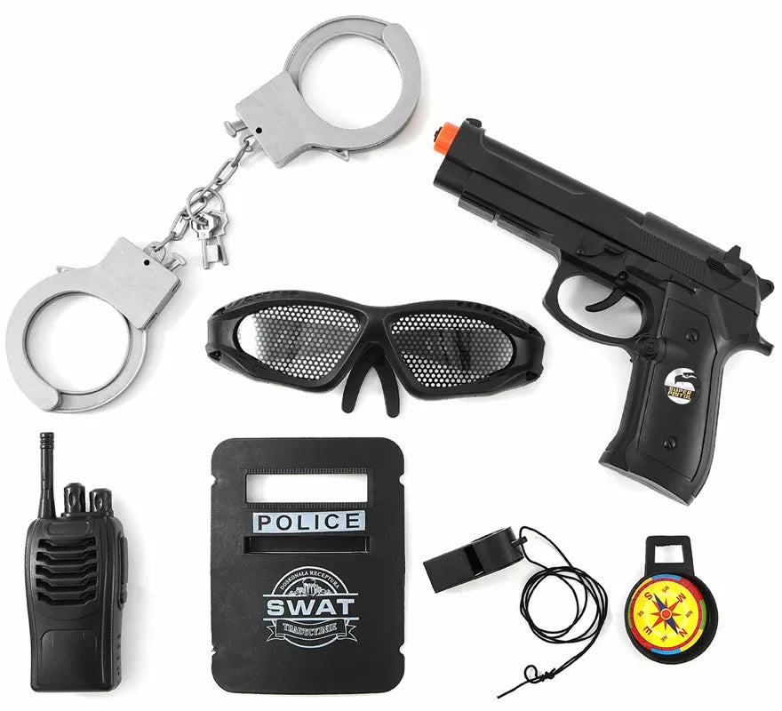 Translation missing: de.Kit de SWAT: Esposas, Placa, Silbato, Walkie, Gafas, Brújula y Pistola de plástico