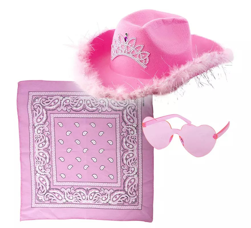 Kit de Vaquera rosa: Gafas, pañuelo y sombrero de 58 cm