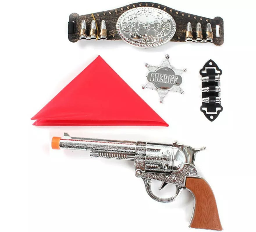 Translation missing: de.Kit de Vaquero: Pistola de juguete, Pañuelo, Estrella, Balas y Cinturón